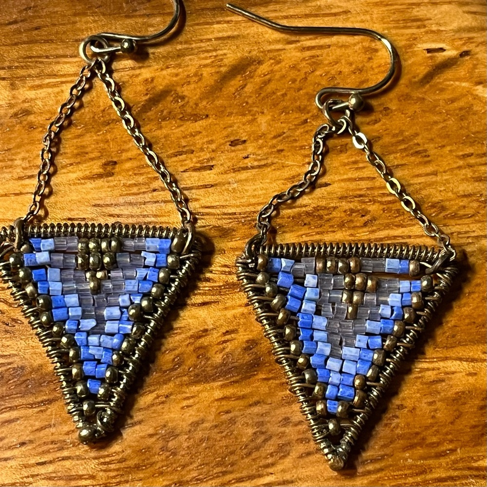 Artisan Wire Wrapped Blue Microbead Earrings Geometric Boho Chic Brass Dangles